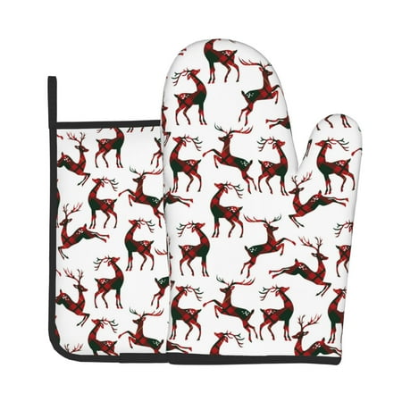 

Lukts Christmas Plaid Moose Print Kitchen Heat-Resistant Gloves and Spacers 2pcs Set Suitable for Baking and Cooking