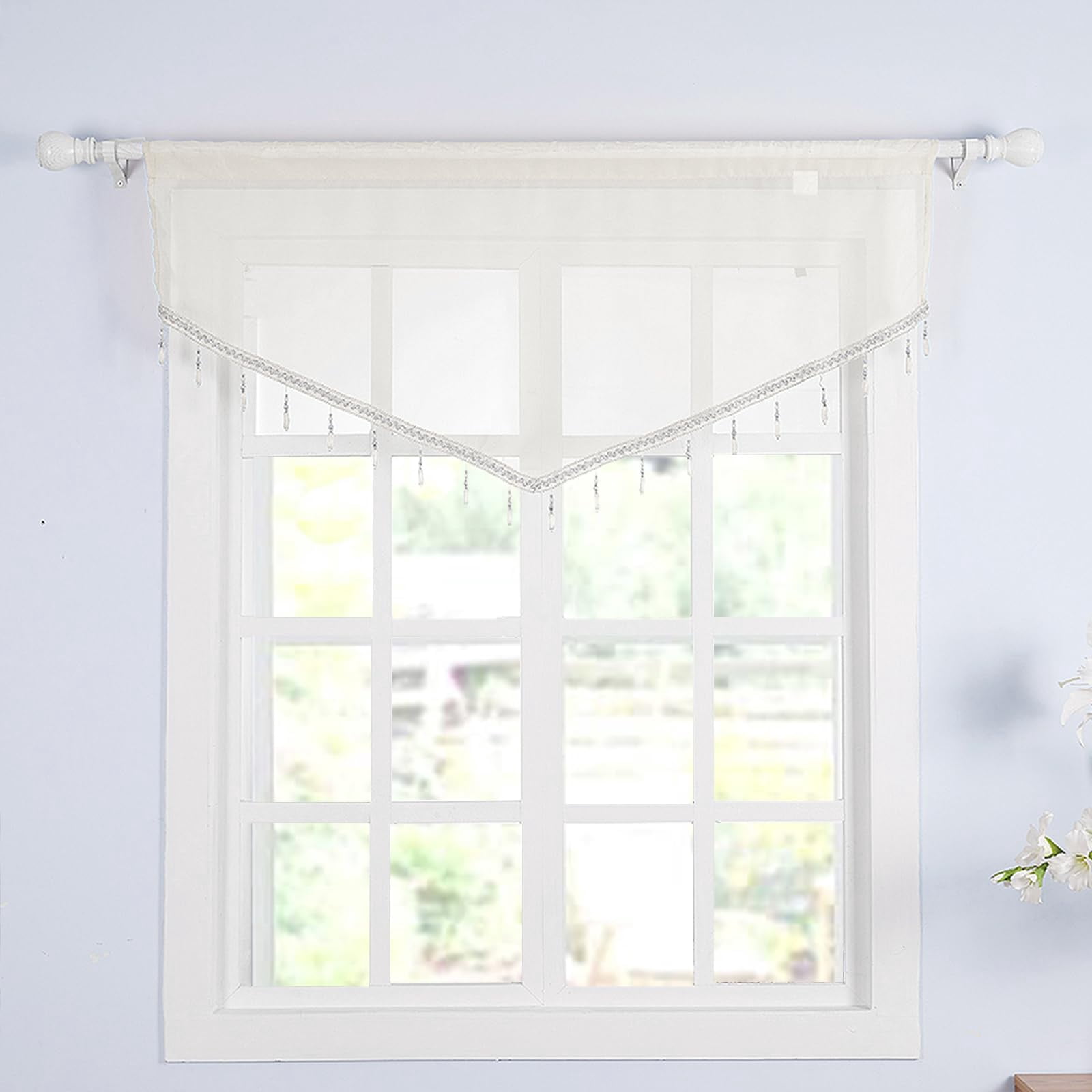 Swag Curtain Rod Pocket Scalloped Valance Sheer Lace Panel with Hanging Crystal Beads for Kitchen Bedroom Window Treatment Drape Decor 51x23 Inch White
