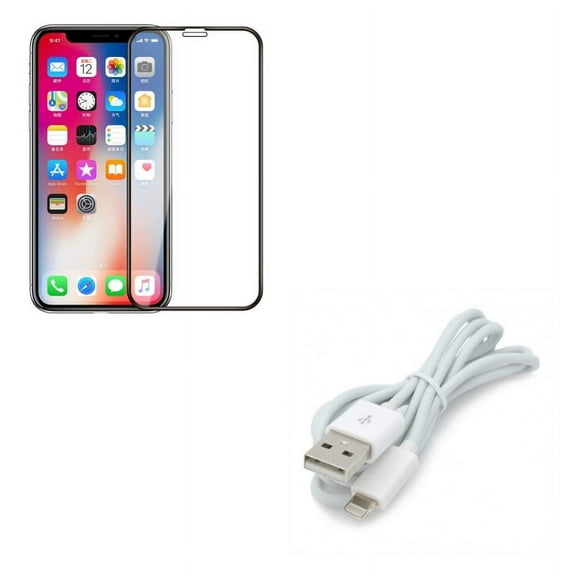 iPhone XS/X - Tempered Glass Screen Protector w Charger Cord USB Cable - 5D Touch Curved Edge Full Cover Bubble Free Case Friendly 9H Hardness, Power Wire Sync Fast Charge Data High Speed