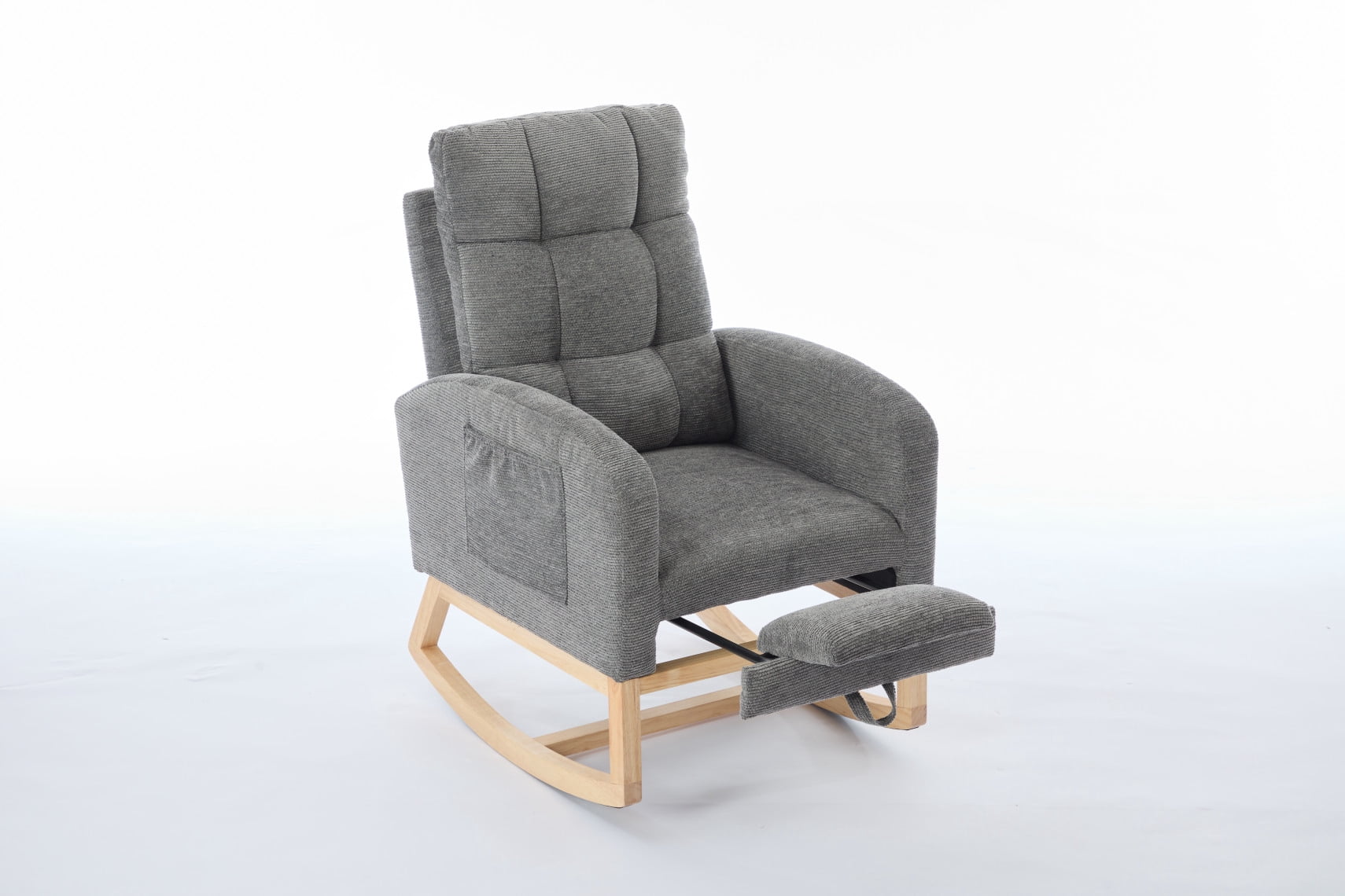 Modern Rocking Chair with Solid Wood Legs & Adjustable Footrest, High Back Ergonomic Design, Side Pocket Armchair for Living Room & Nursery Use, Parent & Baby Comfort
