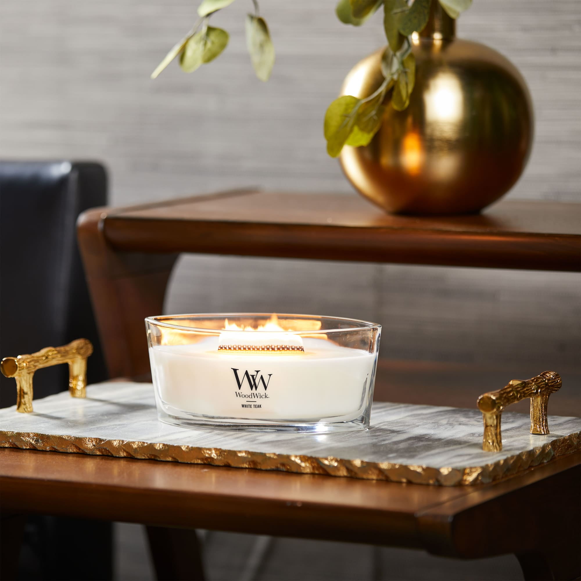 WoodWick Large Soy Scented Candle - Ellipse Shape, White Teak