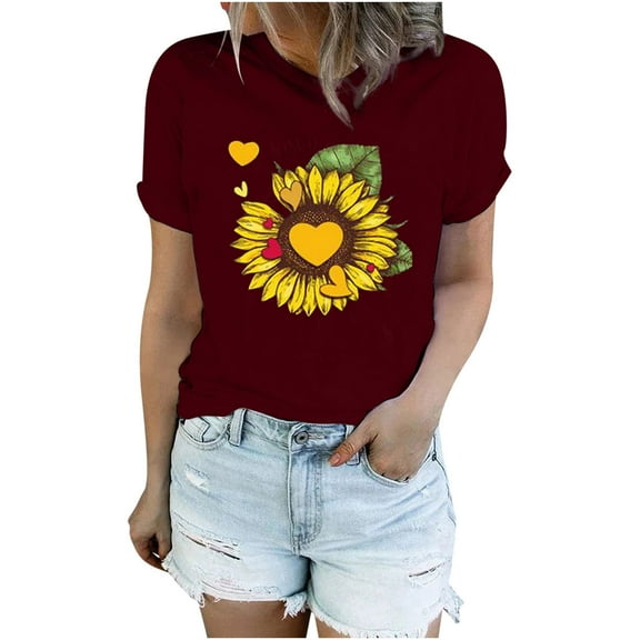 USSUMA Plus Womens Tops Dressy Casual Crewneck Short Sleeve Women's Shirts and Blouses Sunflower Print T-Shirts for Women Trendy Comfy Graphic Tees Teenager Basic Tunic Top Summer Beach
