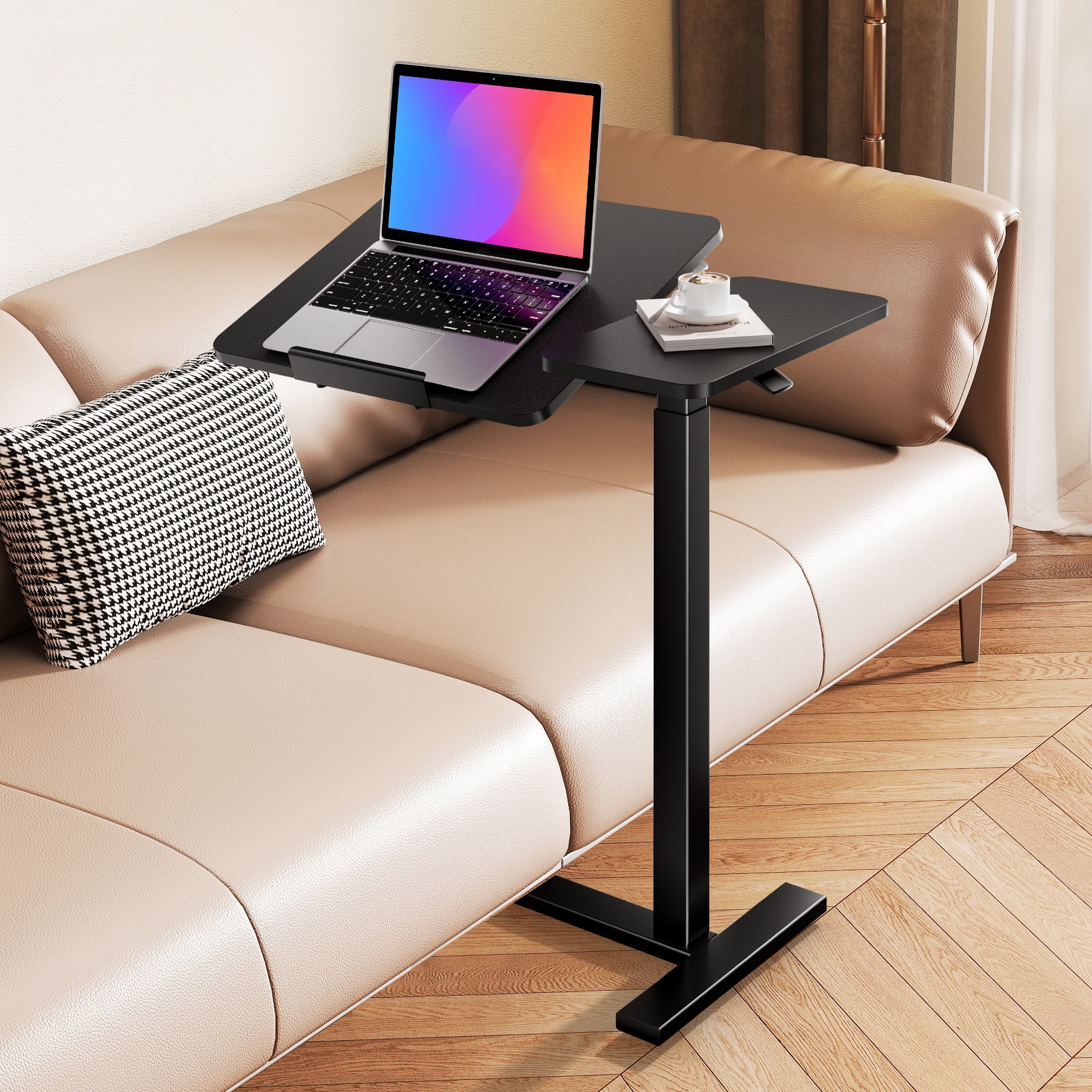 ZUNMOS Overbed Bedside Lap Desk with Wheels and Tilt Top, Mobile Standing Lap Desk Pneumatic Adjustable Height for Home Office Bedroom Sofa, Black
