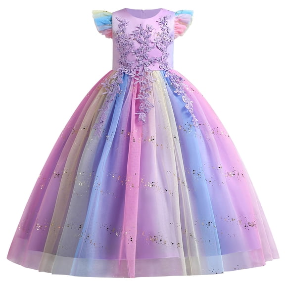 IDOPIP Girls Long Communion Princess Lace Dresses Flower Bridesmaid Pageant Party Wedding Floor Length Dance Evening Formal Gowns 11-12 Years Rainbow Purple