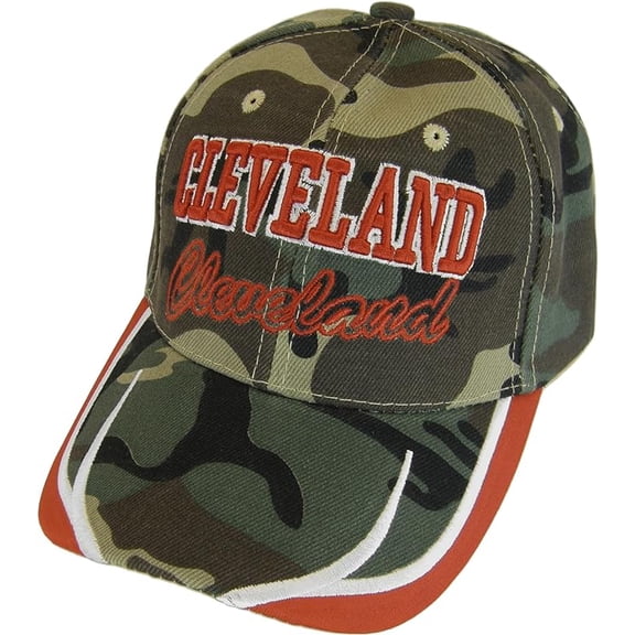 Cleveland City Name Block and Script Lettering Baseball Cap with Embroidered Bill (Military Camo/Red)