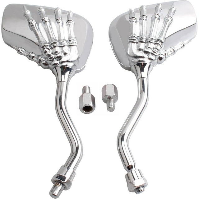 Par de espejos retrovisores universales con forma de calavera para motocicleta, para scooter, ATV, motocicleta, perno de rosca de 8 mm y 10 mm, color plateado