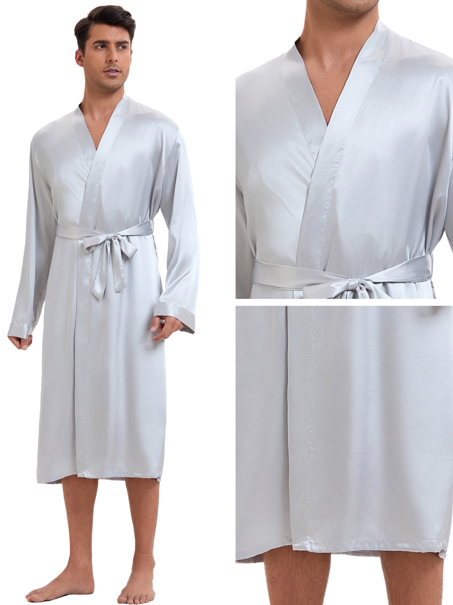DARING DIVA Men's Long Sleeve Kimono Bathrobe Sleepwear with Shorts Set L Silver