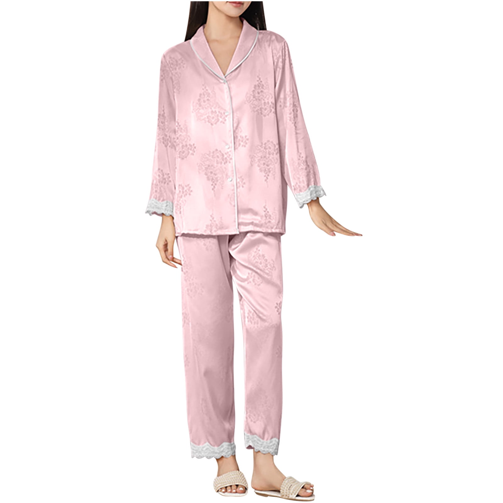 Bowake Women s Silk Satin Pajama Sets 2 Piece Long Sleeve Button Down Shirts And Pants Outfits Sleepwear Pjs White