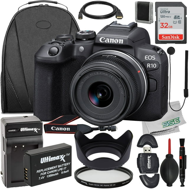 Ultimaxx Essential Bundle + Canon EOS R10 Mirrorless Camera with 18-45mm Lens + SanDisk 32GB Ultra Memory Card, Protective UV Filter, Replacement Battery & More (24pc Bundle)
