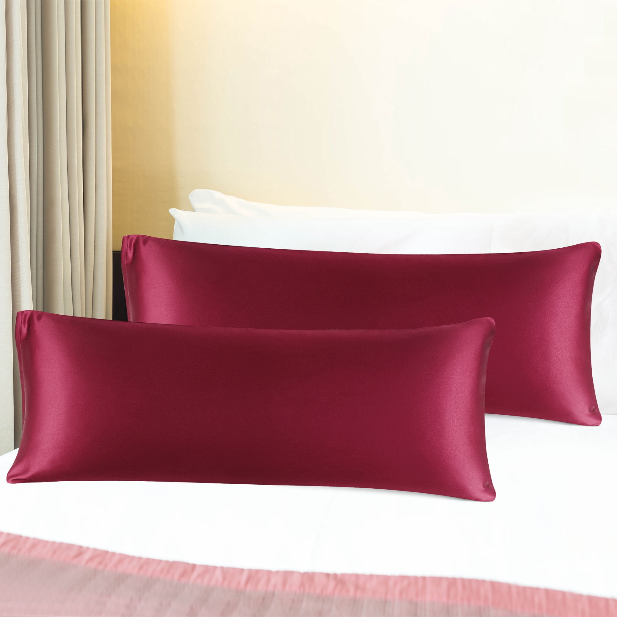 Unique Bargains Satin Body Pillowcases 2 Pcs Zipper Closure Burgundy 20"x54"