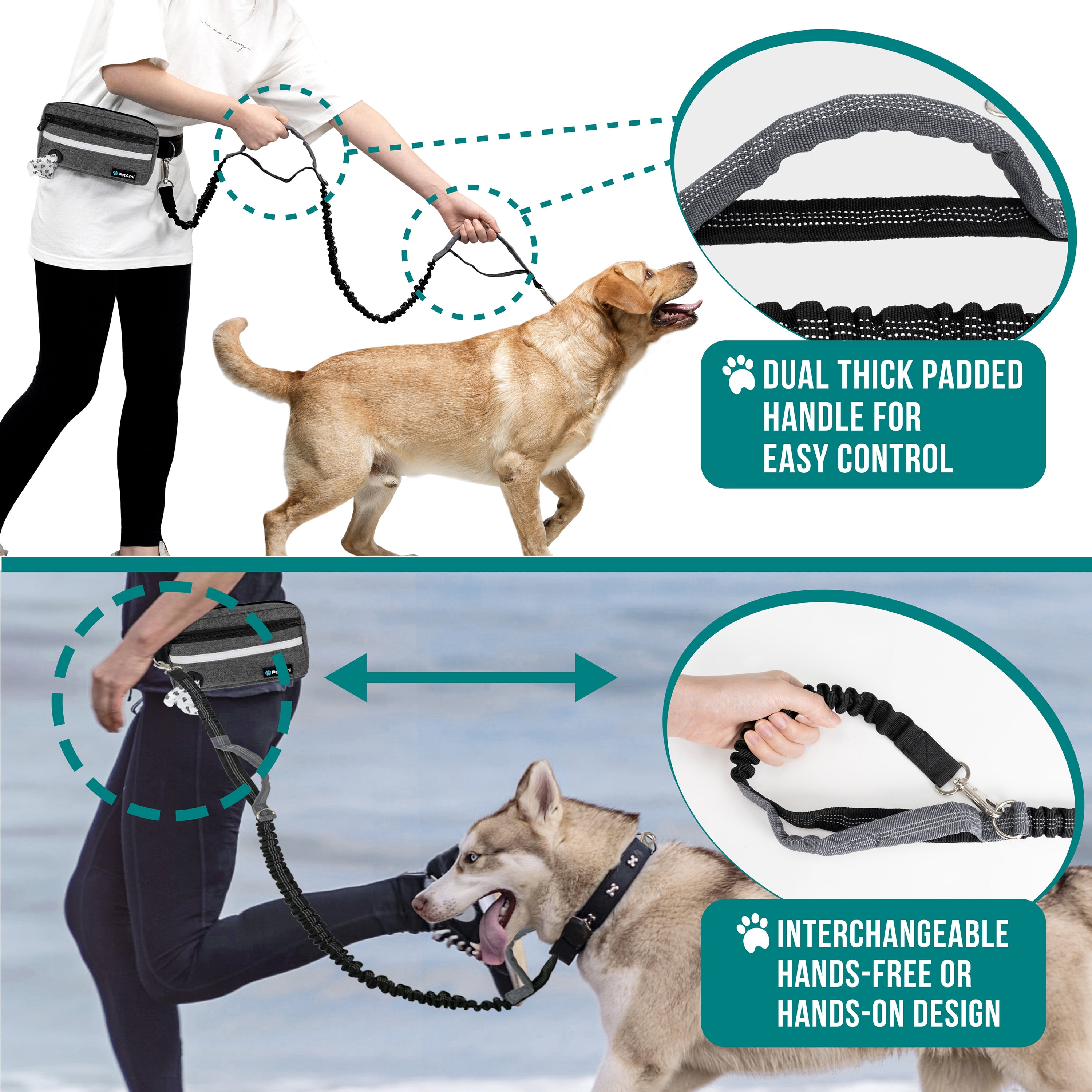 PetAmi Hands Free Dog Leash, Dog Running Leash Belt for Walking Jogging, Dog Waist Zipper Pouch Fanny Pack with Poop Bag Dispenser, Dual Padded Handle Bungee Leash for Small Medium Large Dogs, Double