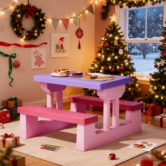 Ktaxon Outdoor Portable Kids Picnic Table with Umbrella, PP Children Bench Set, Easy Store Child Seating Set for Indoor Outdoor, Pink & Purple
