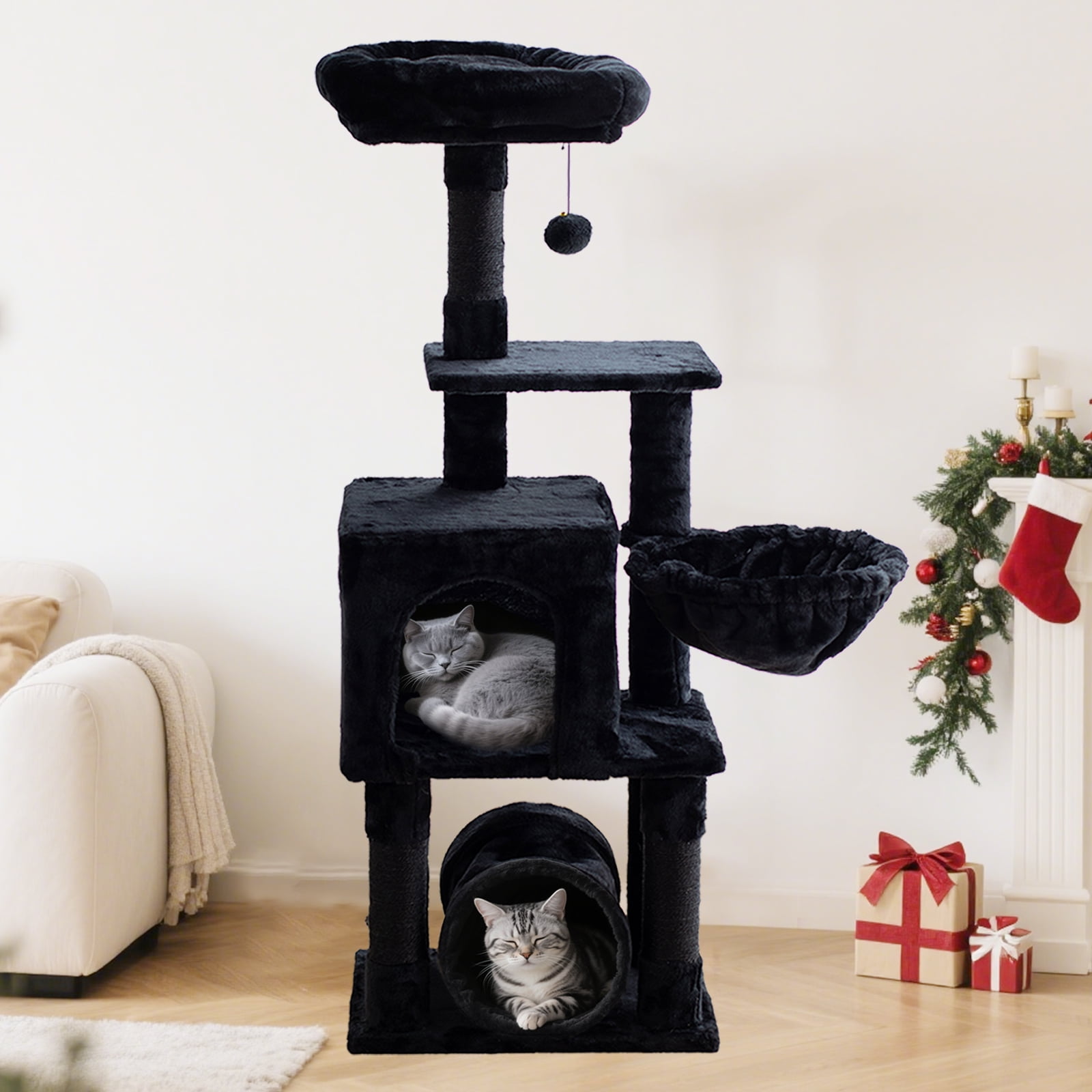 Senbonry 49in Gothic Cat Tree Tower for Indoor Cats with Scratching Posts, 9 Inchs Tunnel, Condo, Basket, Pompoms,Black
