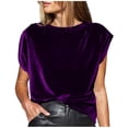 thumbnail image 2 of T-Shirt for Women Crewneck Cap Sleeve Vintage Loose Fit Velvet Texture Fabric Soft Stretchy Streetwear Casual Luxury Feel Summer Fall Fashion Tops, 2 of 8