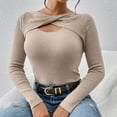 thumbnail image 4 of ZyeKqe Women Crop Top Long Sleeve Cut out Ribbed Knit Going out Tops Stretchy Slim Tight Tees T Shirts, 4 of 8