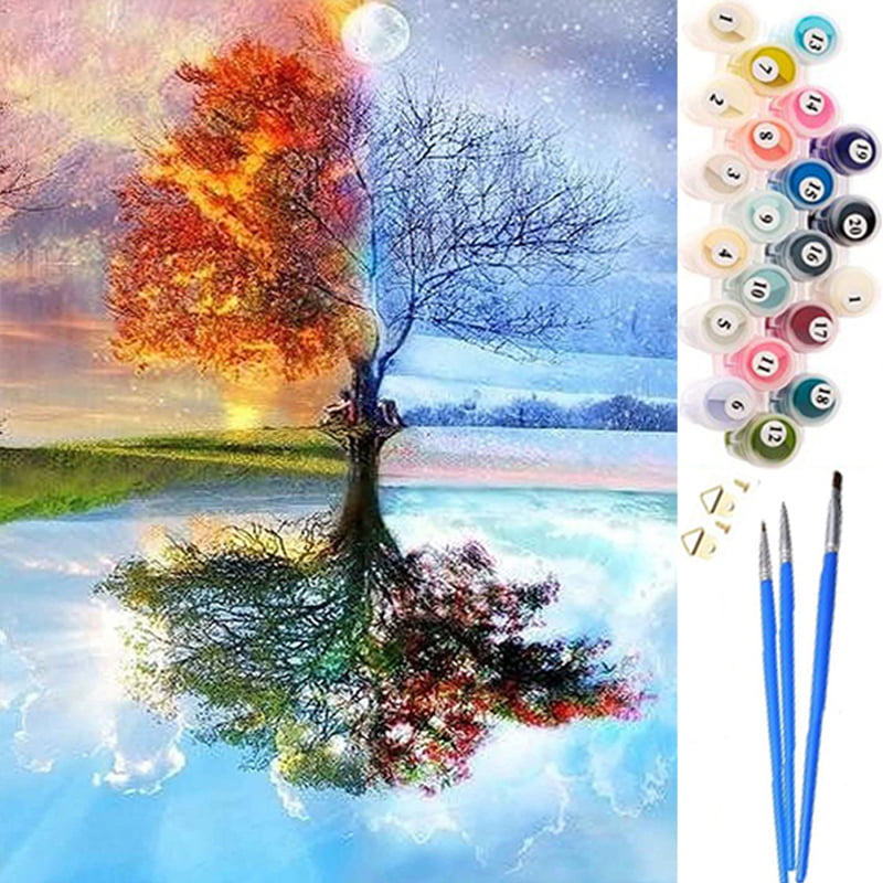 No Framed DIY Oil Painting Paint by Numbers Kit with Brushes Paint for Adults Kids Beginner Hand Paintwork Winter Snow Street 16x20 inch