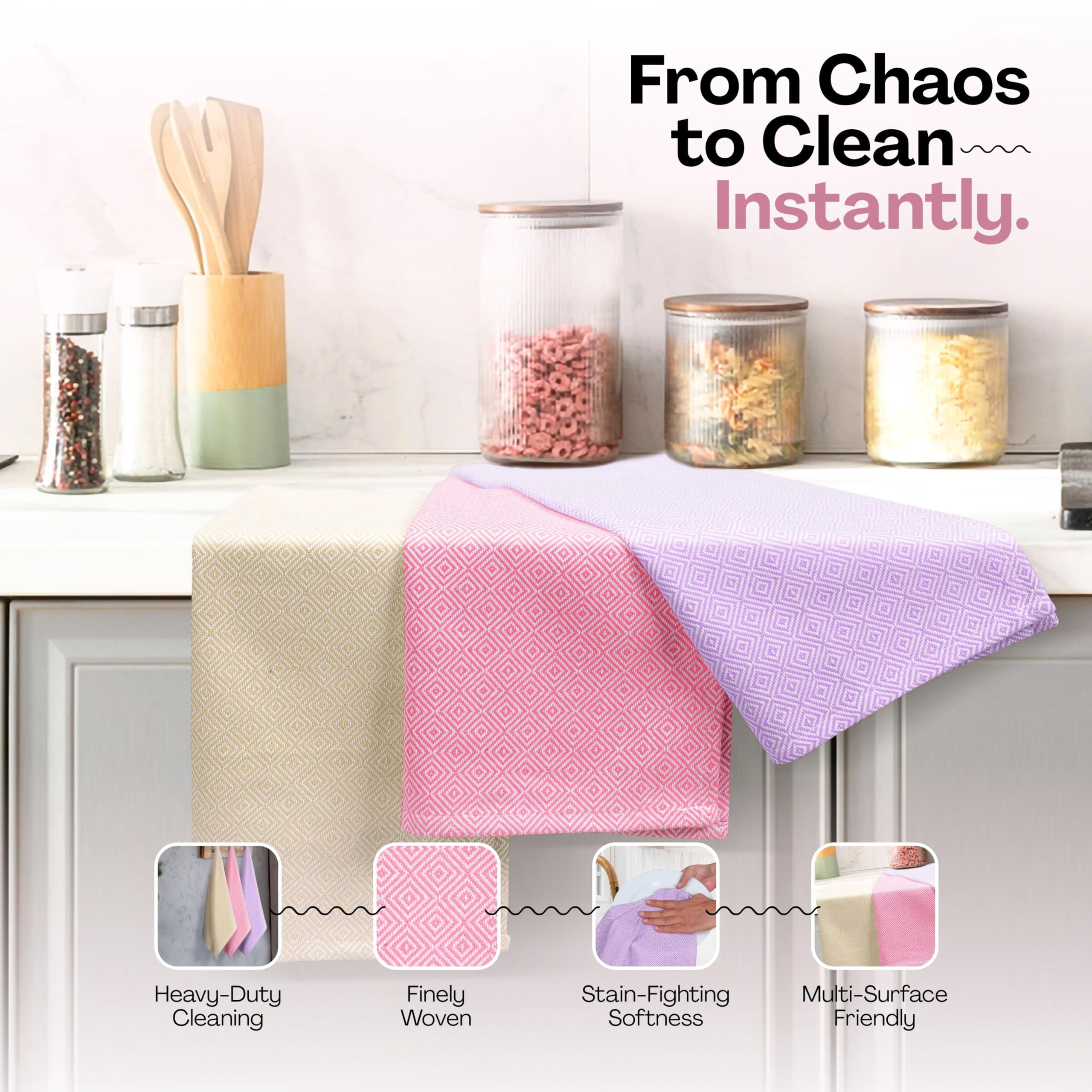 HEIRLOOM COMFORT Multi Color Kitchen Towels 12 Pack, 100% Cotton, Diamond Weave Towel Set, 16"x26", Super Absorbent & Durable Dishcloths, Quick Drying for Drying Dishes - Beige, Dark Pink, Lavender