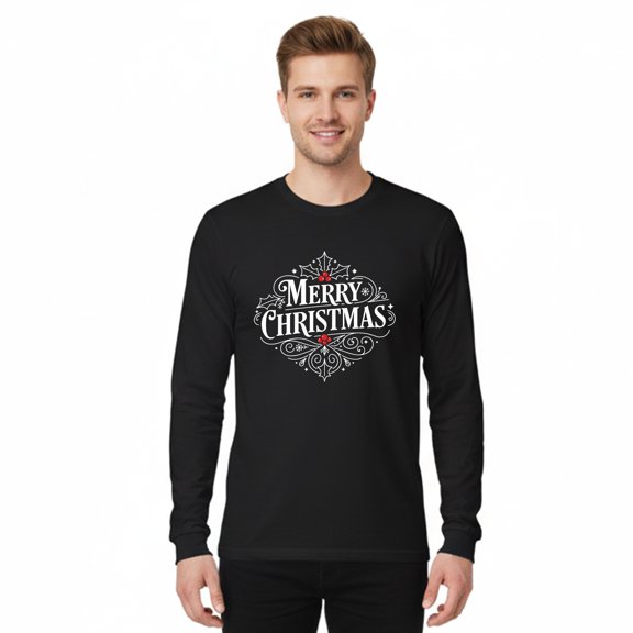 Gildan Men's Christmas Long Sleeve T-Shirt, Heavy Cotton Holiday Tee Black Xmas shirt, S