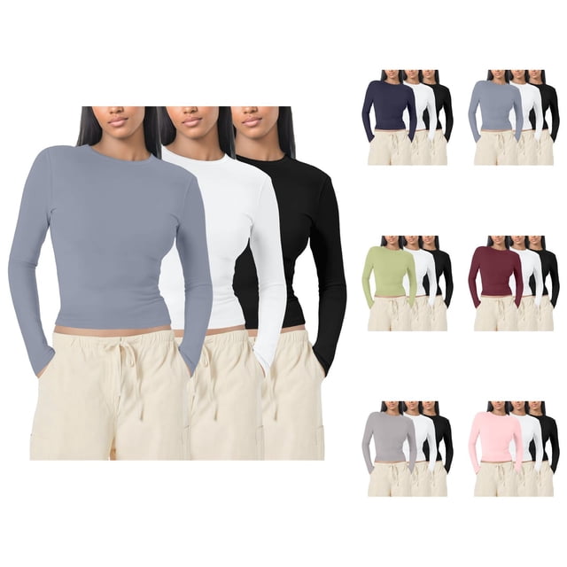 3 Pcs Chemises à Manches Longues pour Femmes 2026 Printemps Tendance T-Shirt Court Col Rond Amincissant