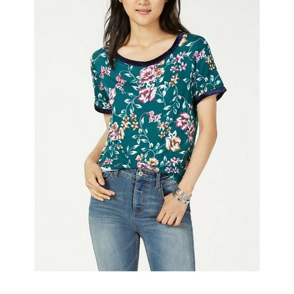 Ultra Flirt Juniors' Velvet Trim Ringer Top, Forest Floral Medium - NEW