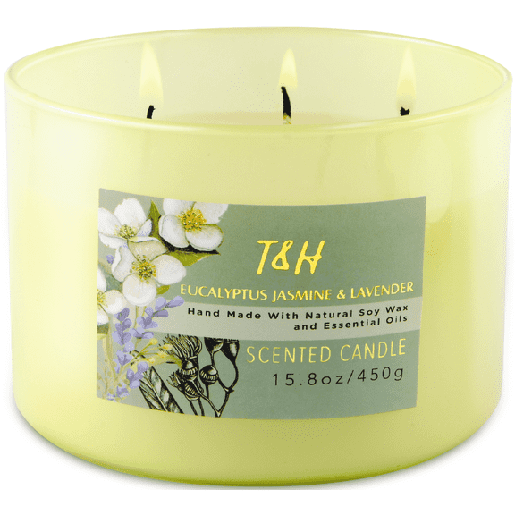 Eucalyptus Jasmine Lavender 3-Wick Soy Candle – Calming Aromatherapy Candle in Gift Box | Large 15.8 oz Stress Relief Scented Candle with Reusable Jar