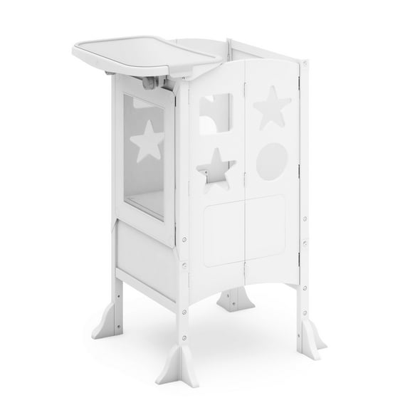 Guidecraft Kitchen Helper Toddler Tower and Mealtime and Play Tray Bundle: Classic White Folding, Adjustable Step Stool with Keepers