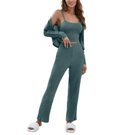 

3pcs Set Casual Cami PJ Pant Sets Long Sleeve Dark Green Women s Lounge Sets (Women s)