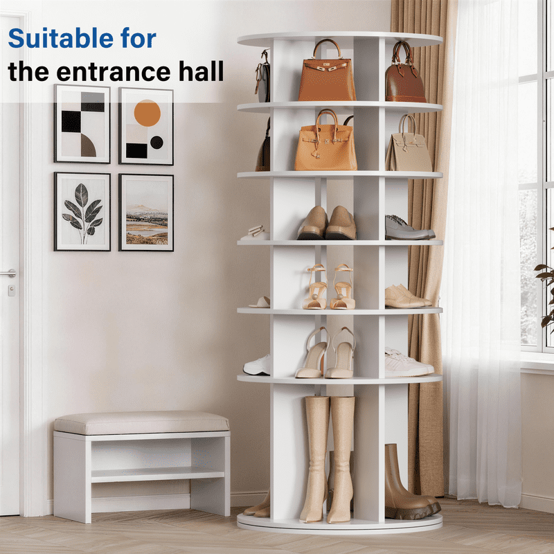 Vineego 6-Tier 360° Rotating Shoe Rack, Round Spinning Storage Organizer for Shoes, Boots & Accessories, Freestanding Tall Display Shelf for Entryway, Closet & Bedroom, White Finish