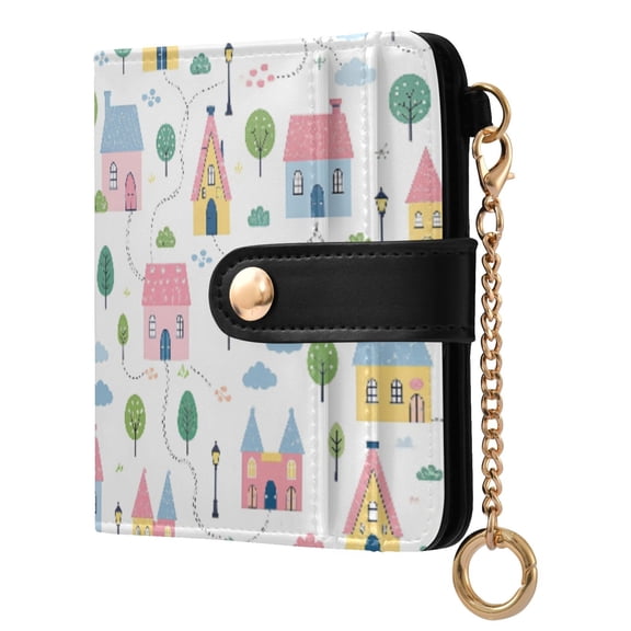 Womens Wallet PU Leather Bifold Small Purse with RFID Blocking Credit Card Holder Cute Cartoon Village Pattern