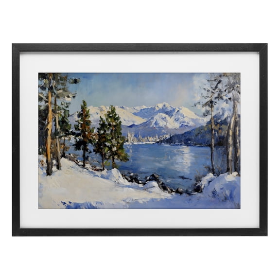 Winter Mountain Lake Black Framed Print Under Glass, design by Petal Prints Design