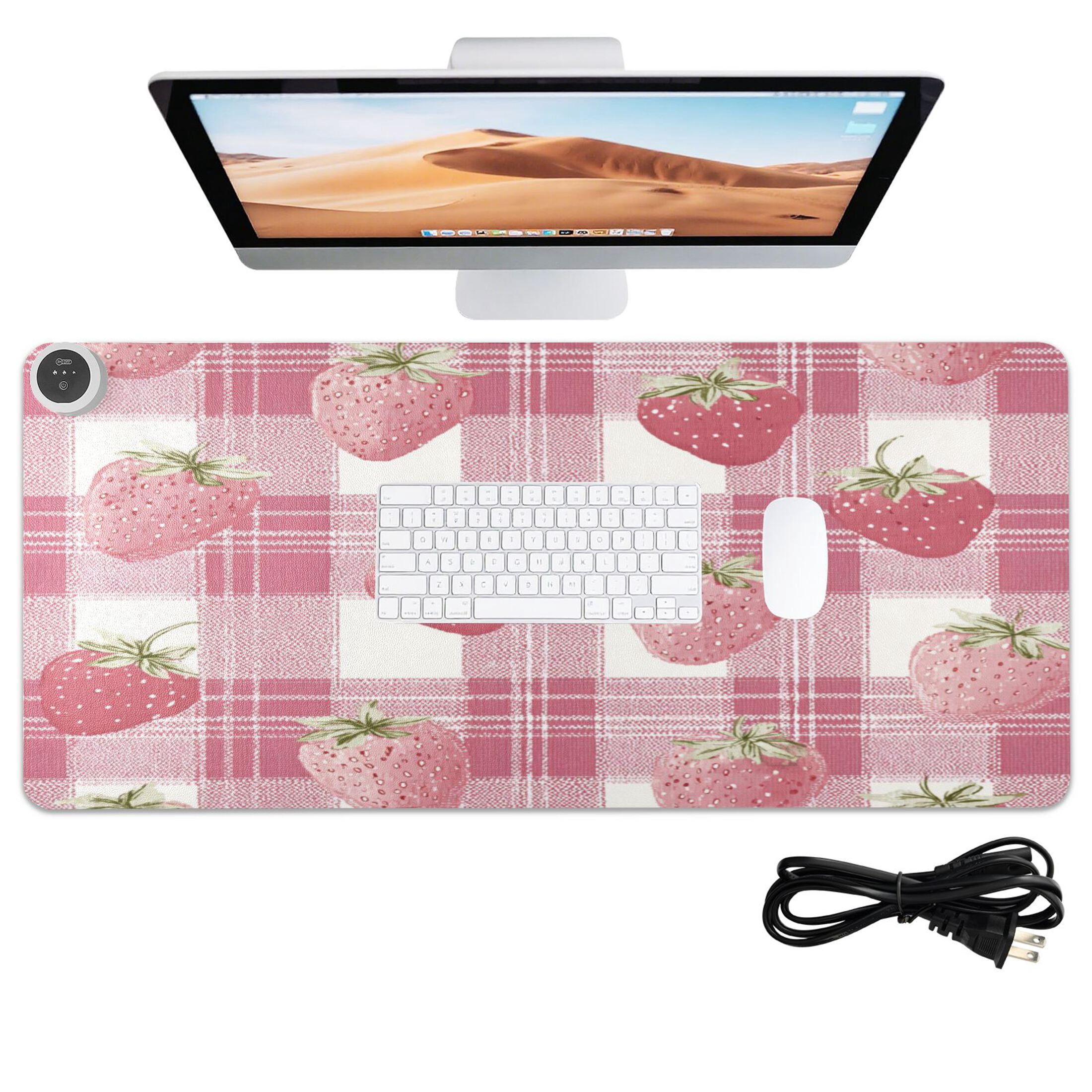 Large Heated Desk Mat Mouse Pad 31.5"x13"PU Leather Graphene Heating Desk Warmer with 3 Temperature Settings 110V US Plug Non-Slip Warm Pad for Home, Office, and Gaming Pink Strawberry Plaid Print