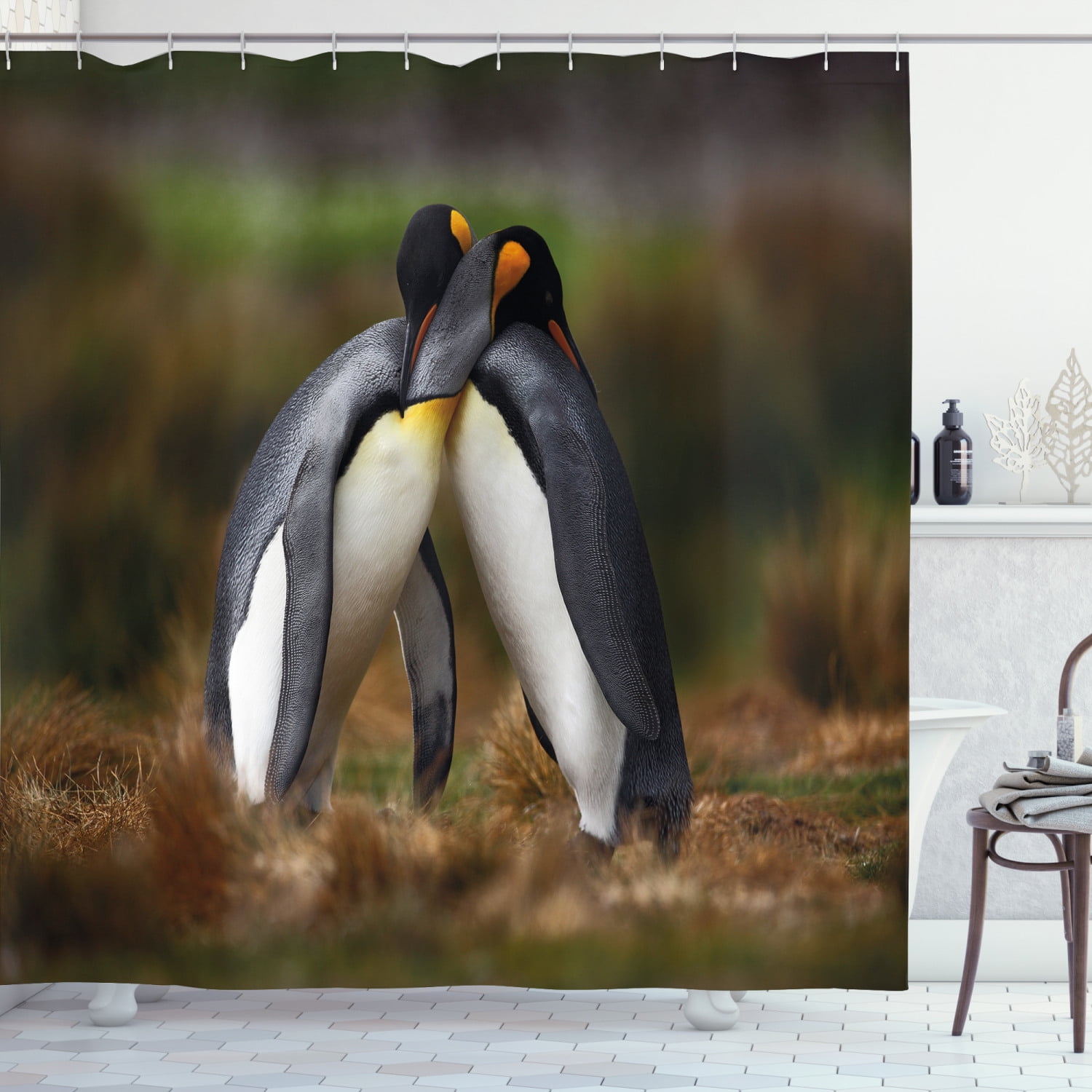 Animal Shower Curtain, Penguin Couple Cuddling in Wild Nature Love