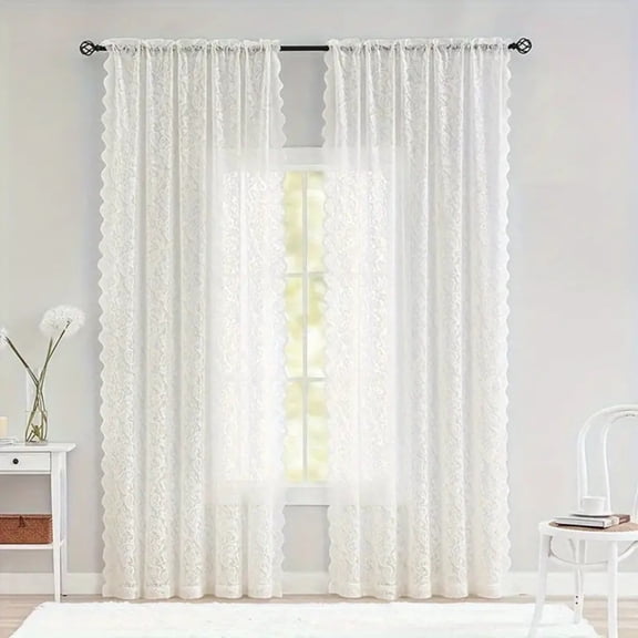 White Lace Sheer Curtains Floral Print Drapes, Rod Pocket Window Treatment Light Filtering Elegant Vintage Design Home Decor Curtains Set, for living room bedroom kitchen window decoration