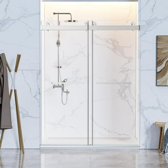 56-60" W x 76" H Frameless Sliding Shower Door, Frameless Double Sliding with 3/8" (10mm) SGCC Tempered Glass, 2 Stainless Steel Handle, Reversible Installation, Brushed Nickel