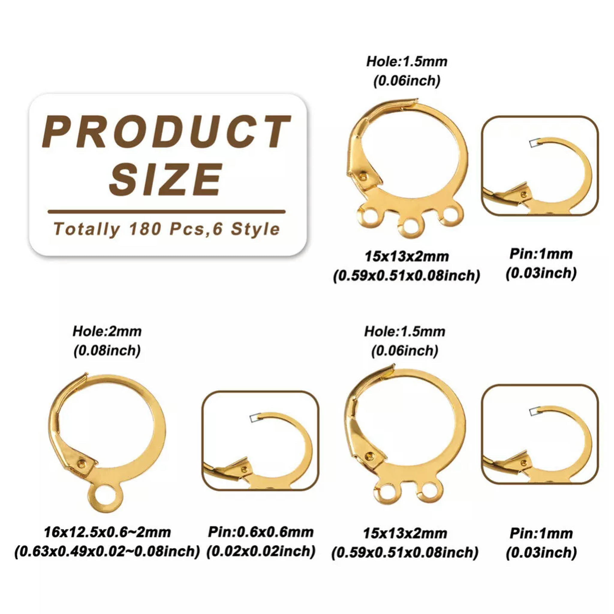 U8MO 180pcs Platinum Golden Brass Huggie Hoop Earring Findings Earring Hooks 15~16mm