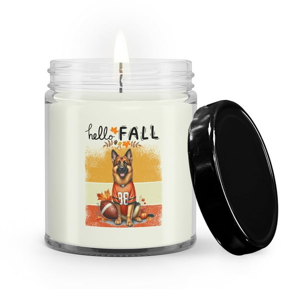 Hello Fall German Shepherd Football Welcome Autumn with Leaves Pumpkins Soy Wax Candle Alsatian Dog Lover Gifts 9oz White Birch & Black Pepper Candle - 00012