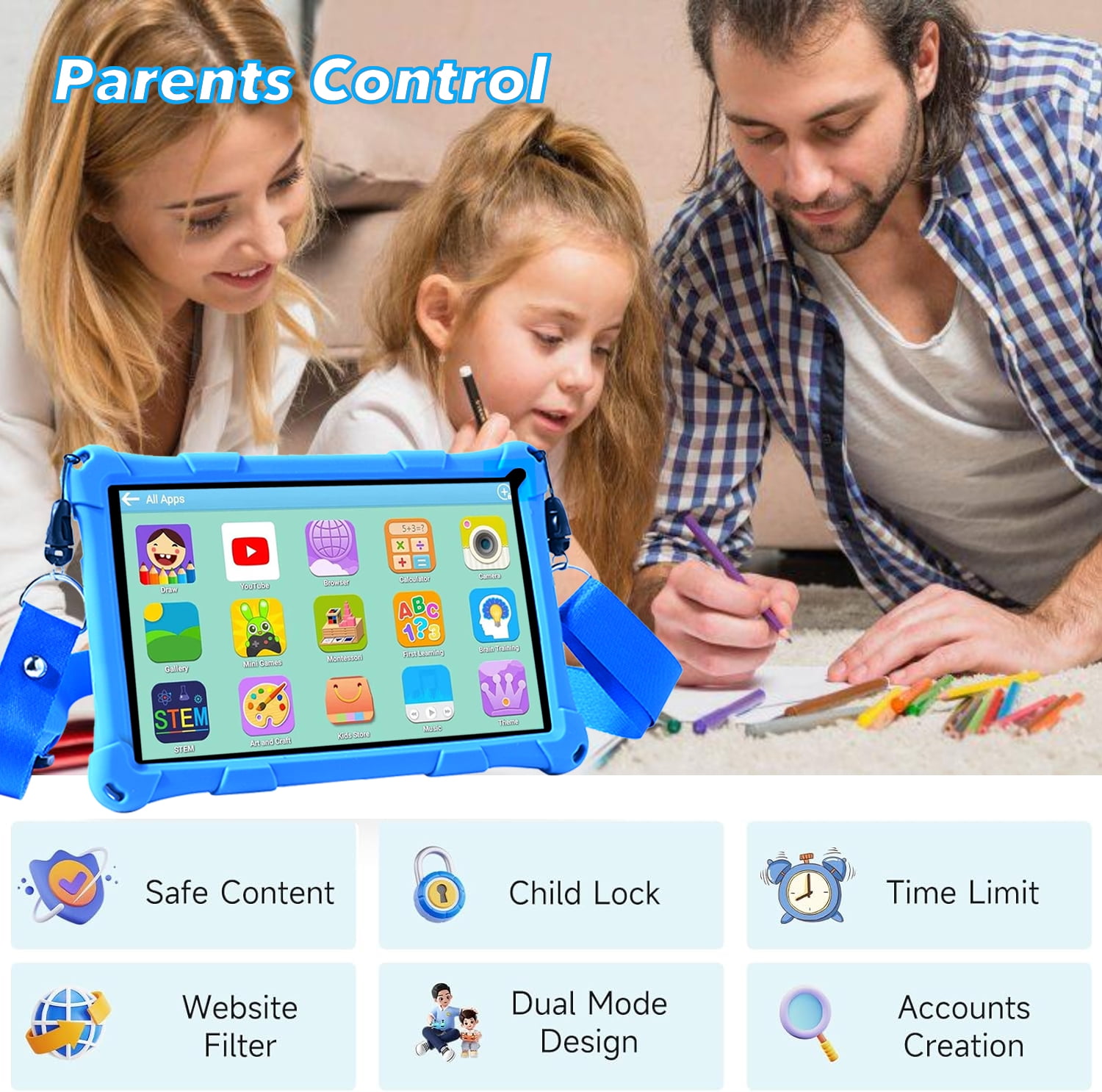 Thunrlge Kids Tablet, 7-Inch Kids Tablet, Android Tablet, 3+5 RAM 64GB ROM (TF CARD 256GB) Google Certified, Kids Software Pre-Installed, WiFi, Shockproof Case, Gift for kids, (Blue)