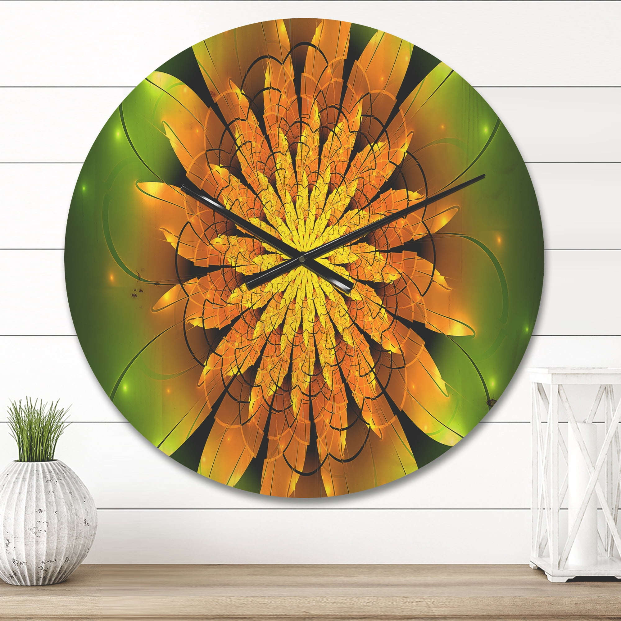 Designart 'Fractal Bright Yellow Flower on Green ' Modern Wood Wall Clock