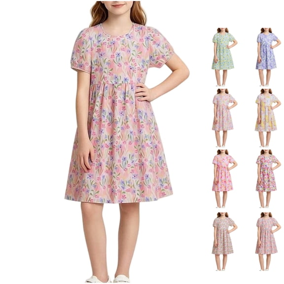 Afuyipoi Girls Casual Short Sleeve Floral Dress (5-15 Years) Summer Round Neck Cotton Print Princess Skirt for Vacation and Play White 7/8