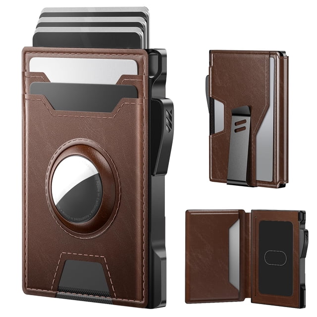 Cartera tipo billetera para hombre con AirTag, bloqueo RFID, cuero marrón