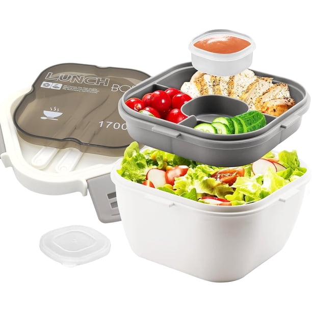 Lonchera Bento, Caja de Almuerzo, Caja Bento para Ensalada, con Cuchara y Tenedor, 4 Compartimentos, Sellada Crisper Caja de Almuerzo, Apto para Microondas y Lavavajillas (Blanco)
