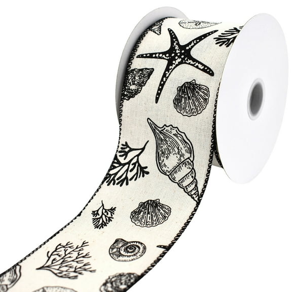 Homeford Summer Beach Stamped Icons Canvas Wired Ribbon, 2-1/2-inch, 10-yard, Black