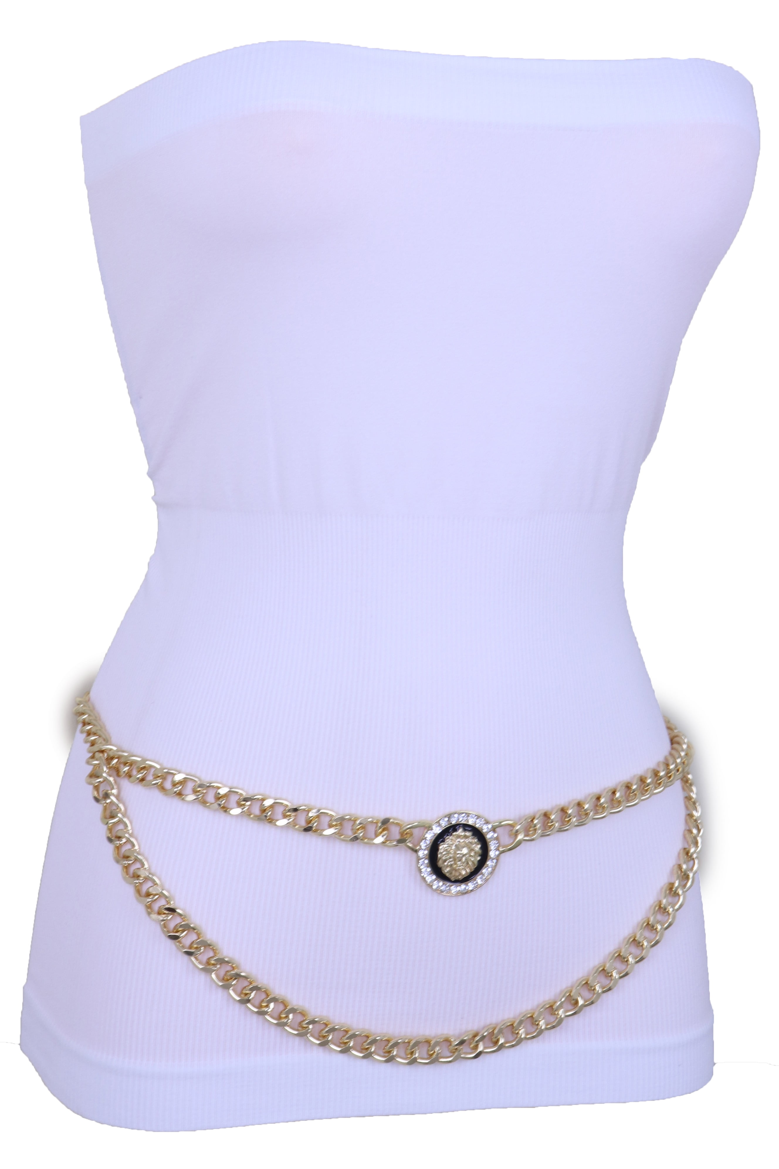 Chic Women Gold Metal Chain Link Wave Waist Hip Belt Lion Charm Coin Size M L XL 