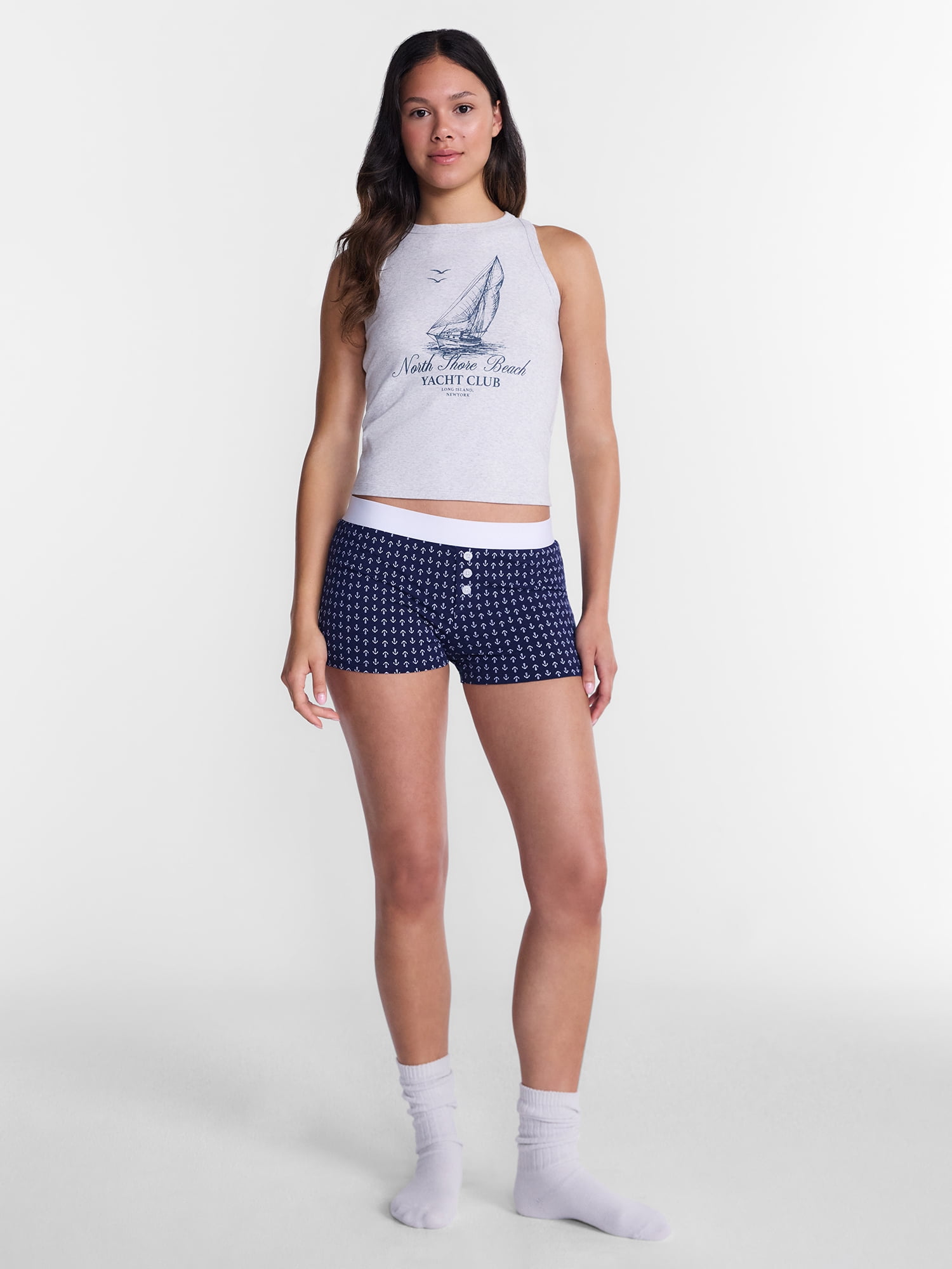 No Boundaries Sleepwear Ribbed Tank Top and Boxers Set from our Cloud Core Collection, 2 Piece, Women’s and Women’s Plus XXS-3X