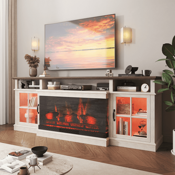Sonegra 70 inch Fireplace TV Stand for TVs up to 80" with Electric Fireplace, Farmhouse Entertainment Center with LED Lights and Glass Door, Modern TV Consoles for Living Room, White