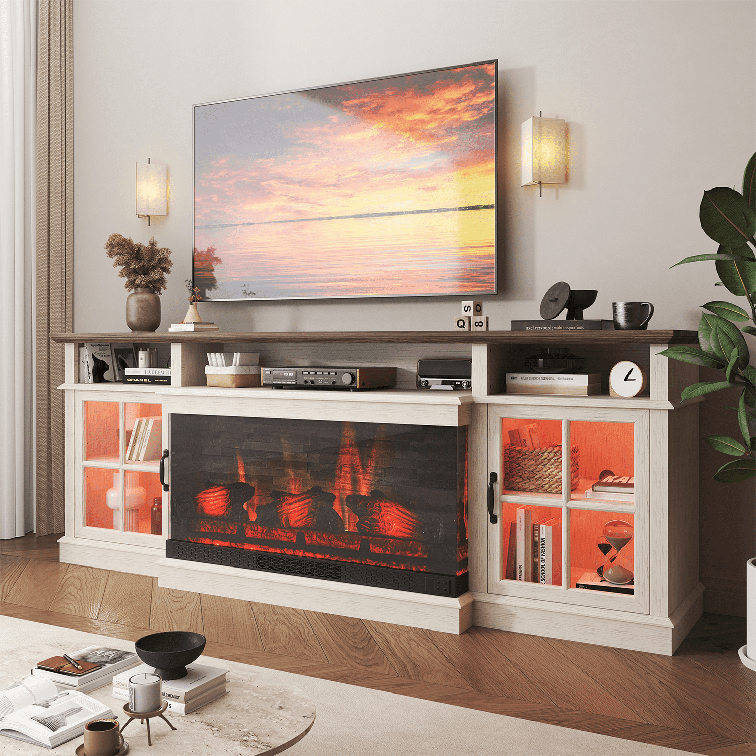 Sonegra 70 inch Fireplace TV Stand for TVs up to 80" with Electric Fireplace, Farmhouse Entertainment Center with LED Lights and Glass Door, Modern TV Consoles for Living Room, White