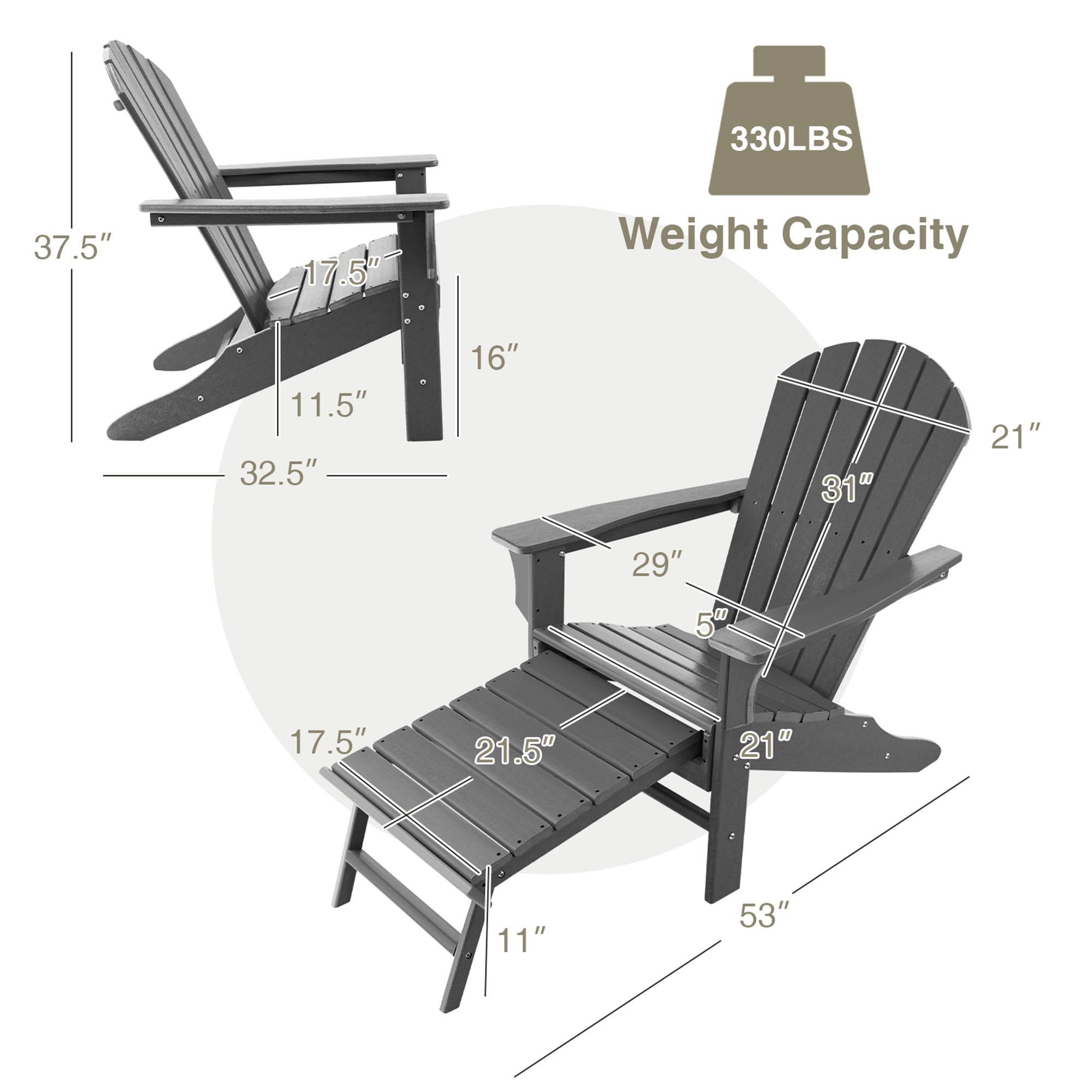 Gymax Patio Adirondack Chair HDPE Outdoor Lounge Chair w/ Retractable Ottoman Grey