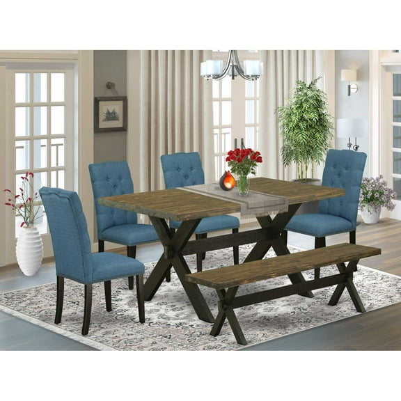 East West Furniture X-Style 6-piece Wood Dining Room Set in Black/Mineral Blue