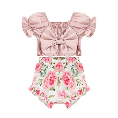 

Eyicmarn Toddler Girl’s T-shirt and Shorts Set Fashion Bow Puff Sleeve Tops and Floral Ruffle Short Pants