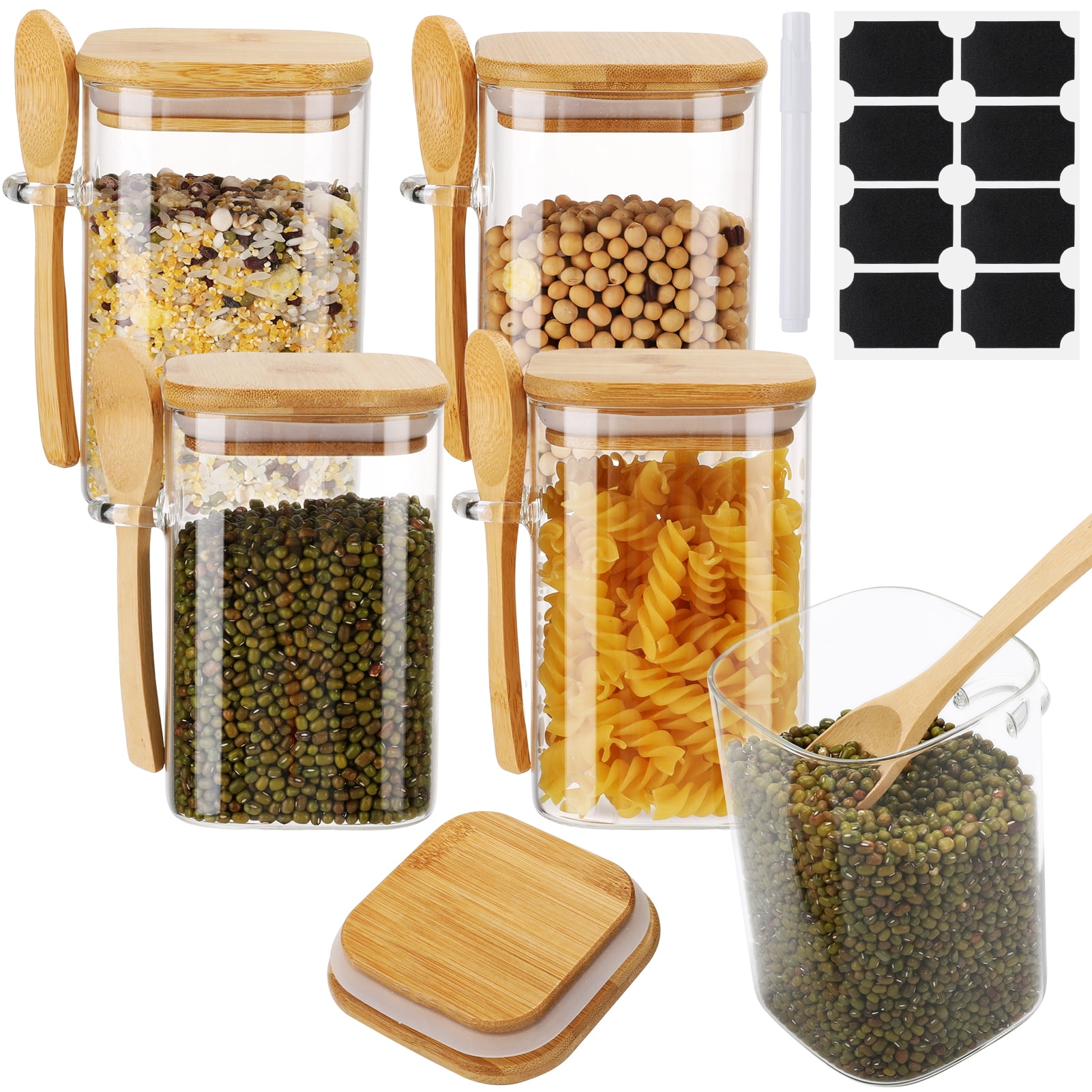 Bocaoying 4 Pack Glass Canister Sets for Kitchen,17.9 oz Square Glass Jars with Bamboo Lids and Spoons, Airtight Food Storage Containers, Kitchen Containers for Loose Tea,Coffee,Cookie,Salt and Sugar